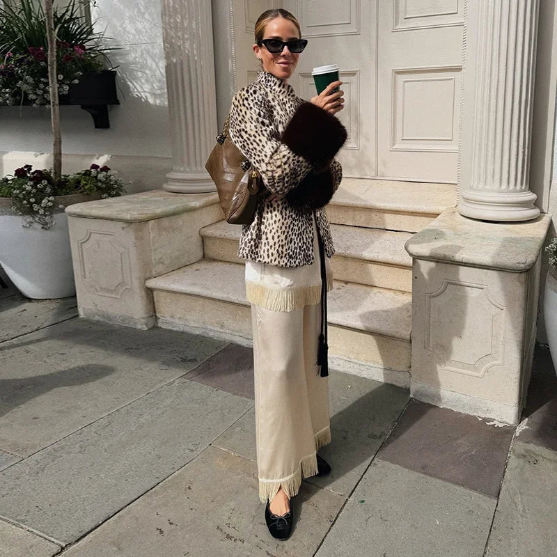 Fitted Vintage Leopard Patchwork Faux Fur Coat for Women