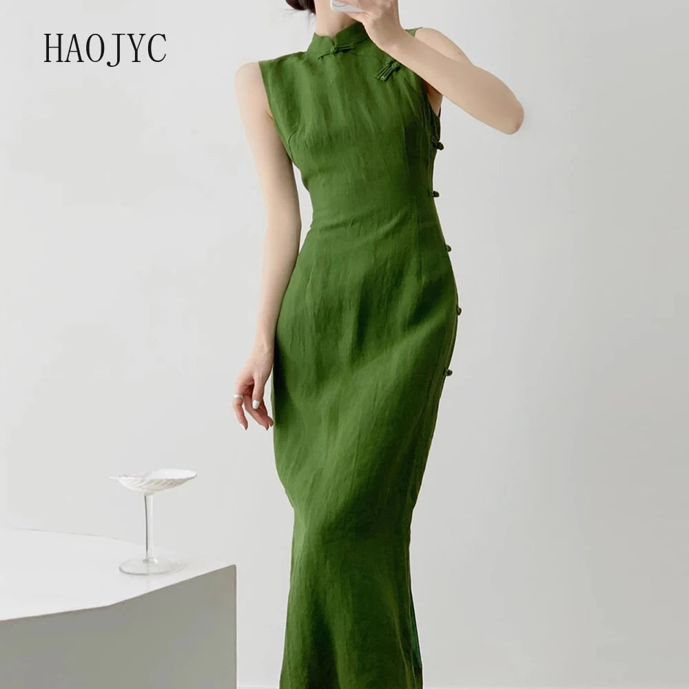 Moss Green Retro Chinese Style Cheongsam Dress for Women