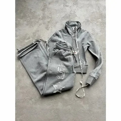 Letter Embroidery Zip Hoodie Set