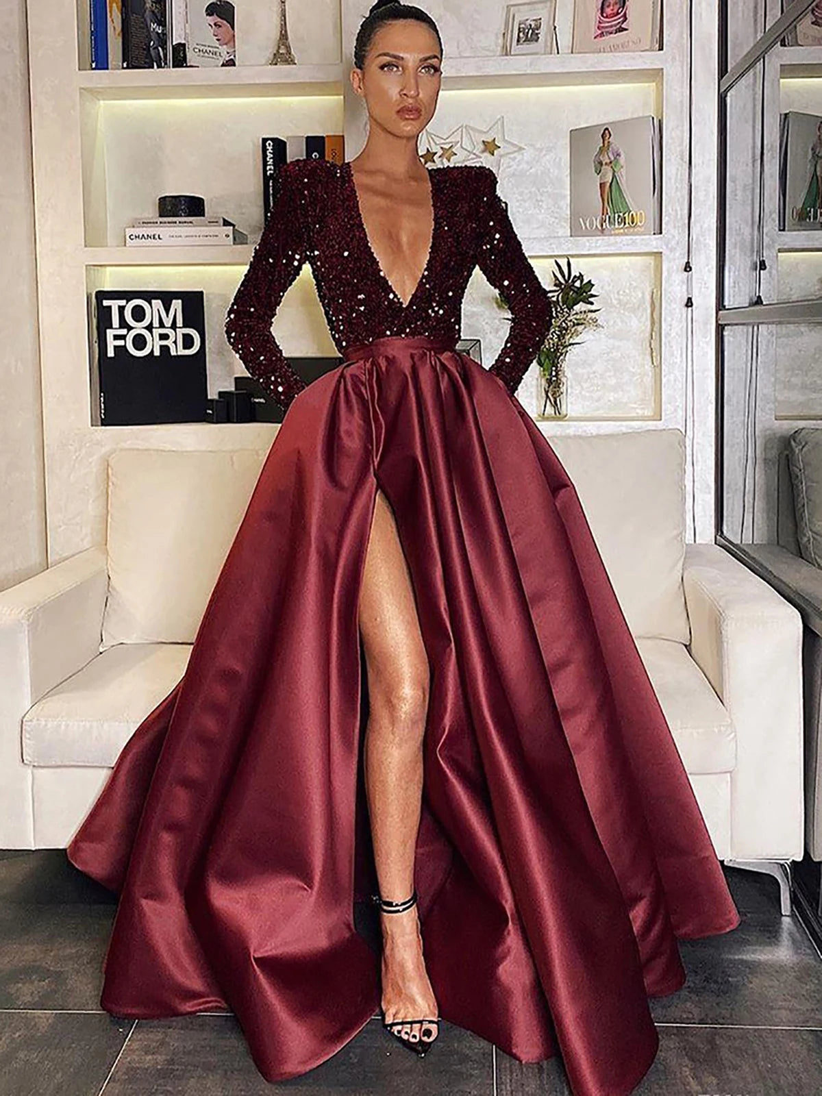Sequin Deep V Neck Floor Length Evening Dress for Women