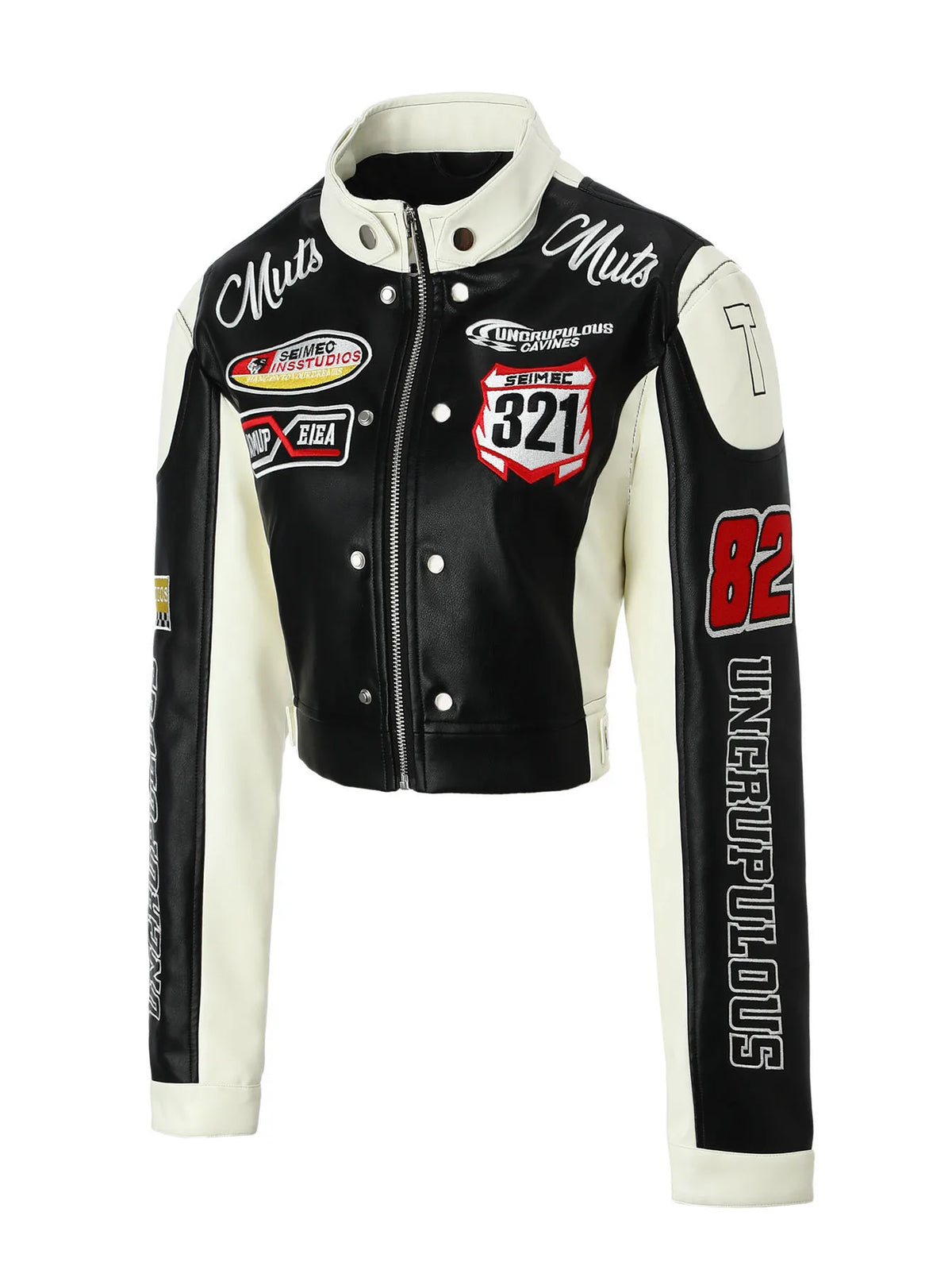 Contrasting Color Embroidered PU Leather Jacket for Women