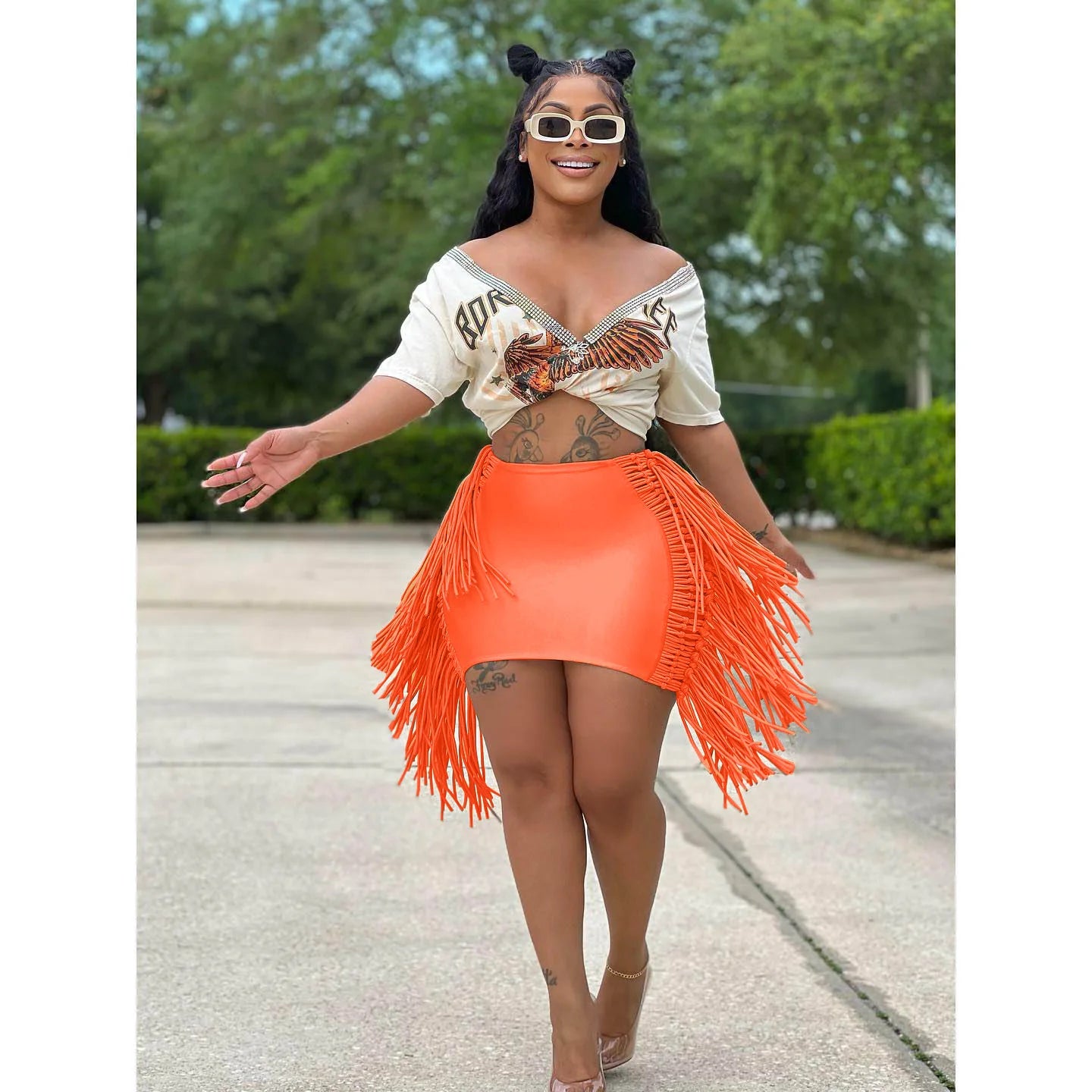FAGADOER Sexy Tassel Bodycon Mini Skirts Party Club Outfits Women Fashion Chic Streetwear Short Birthday Holidays Skirt Solid