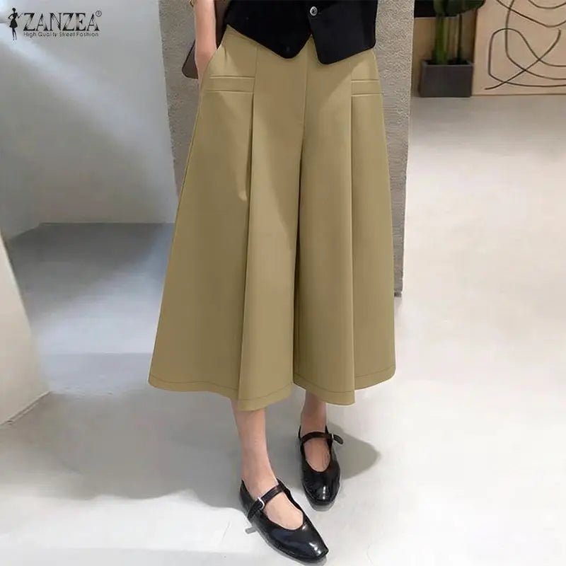 Casual Wide Leg Cropped Trousers With Elastic Waist for Women