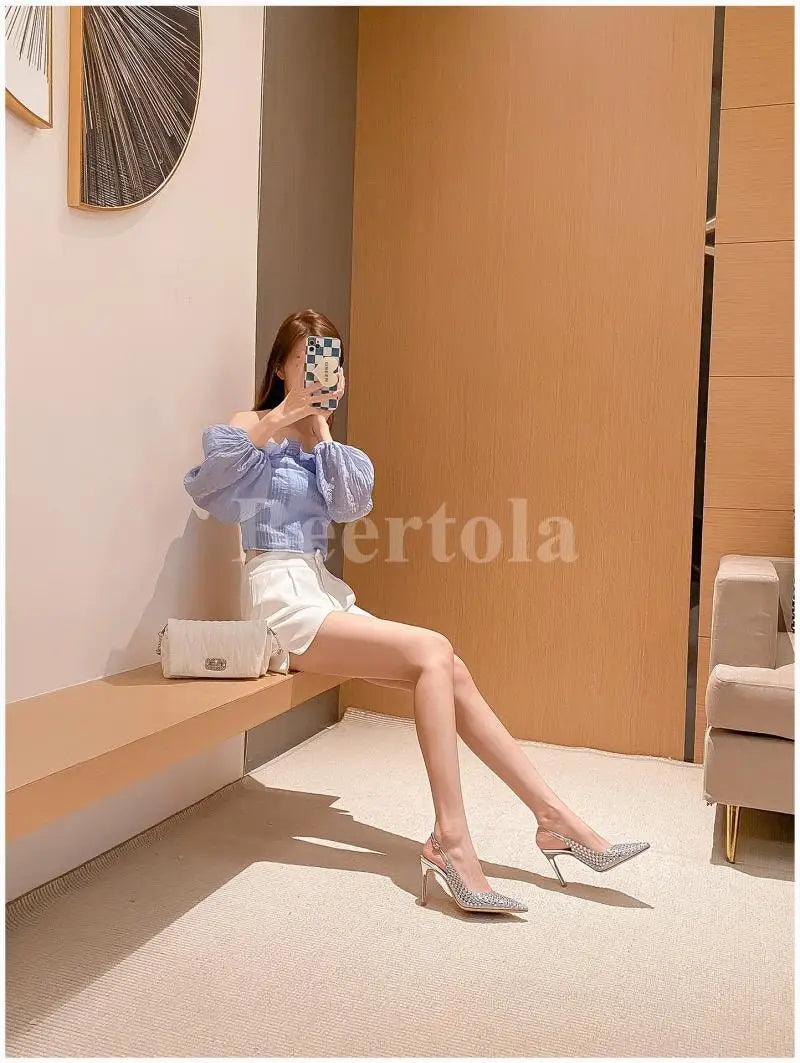 New Rhinestones Woman Sandals Diamond Pointed Toe Shallow Thin High Heels Back Strap Stilettos Female Wedding Bride Sandals