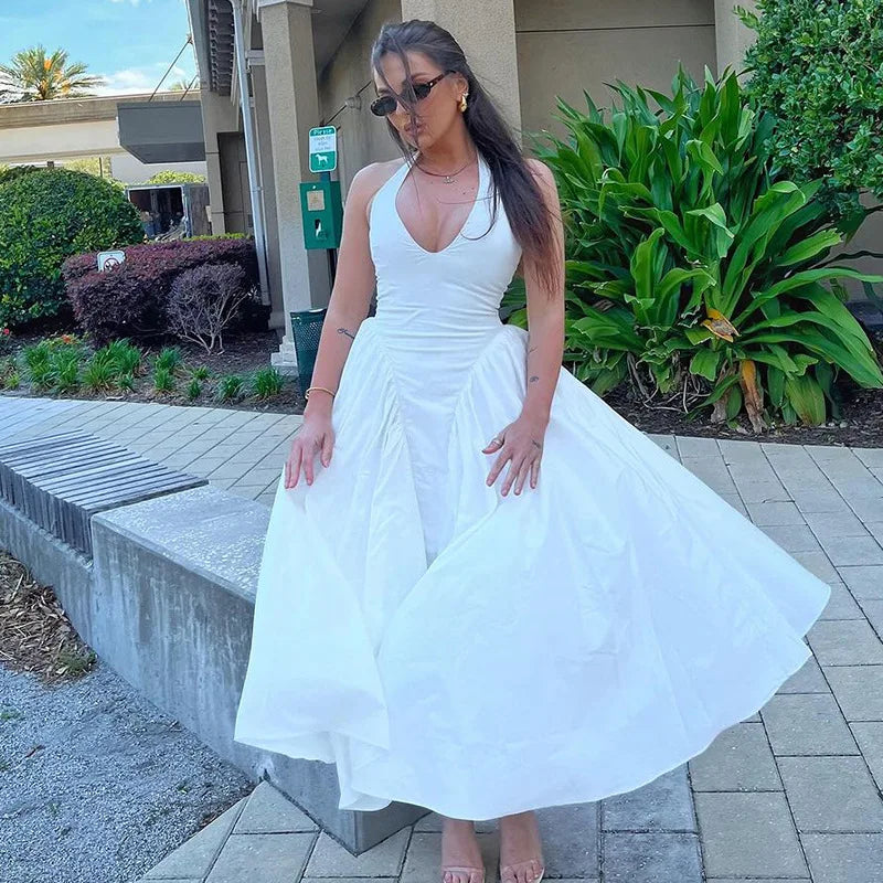 Elegant Halter V Neck Backless Maxi Dress For Women