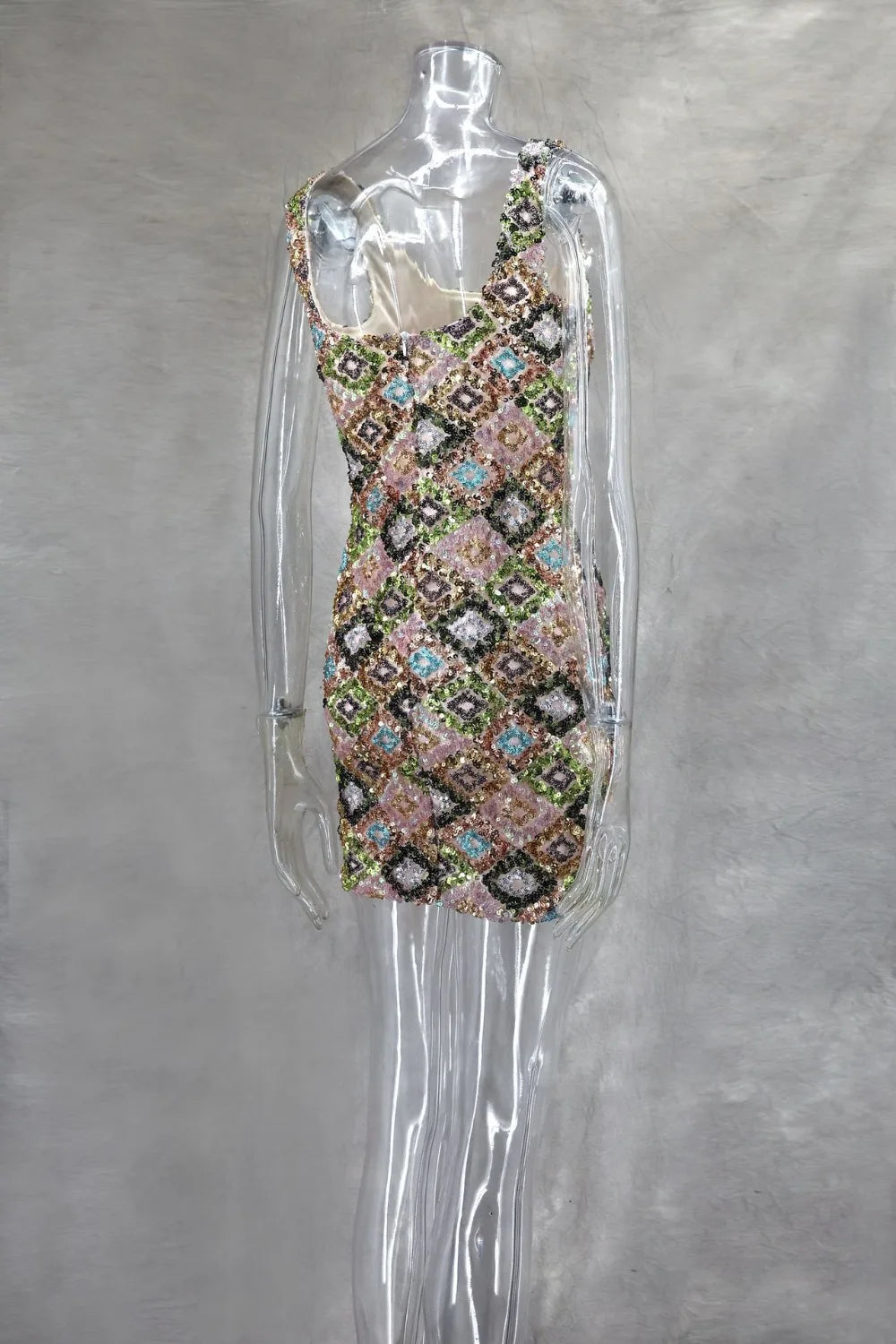 Colorful Rhombus Sequins Sexy Mini Dress Elegant Chic Straps Slit Bodycon Party Dresses Summer Holidays Evening Women Dress 2025