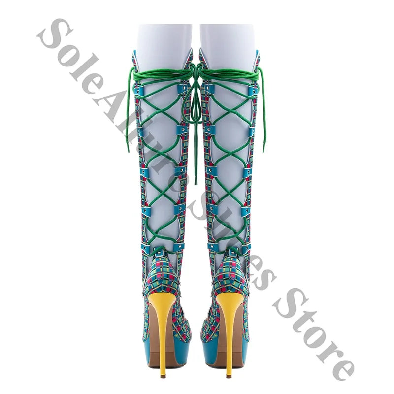 Colorful Plaid Peep Toe Knee High Lace Up Boots for Women