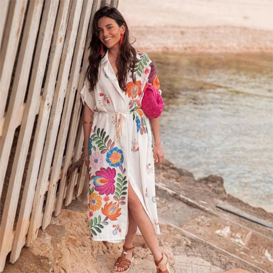 Bohemian Print Lace-Up Midi Dress