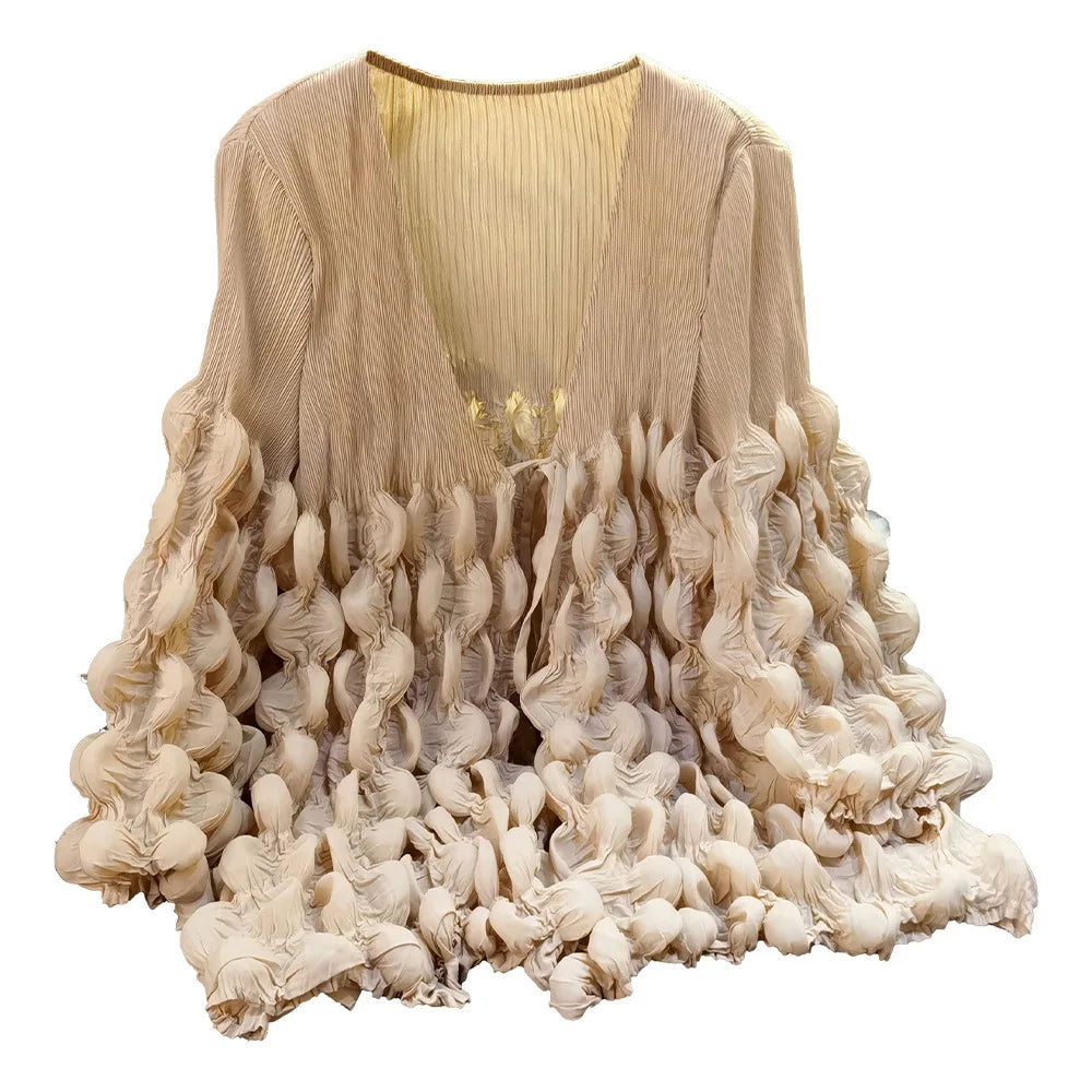 Elegant Lace Up Pleated Long Sleeve Coat for Women