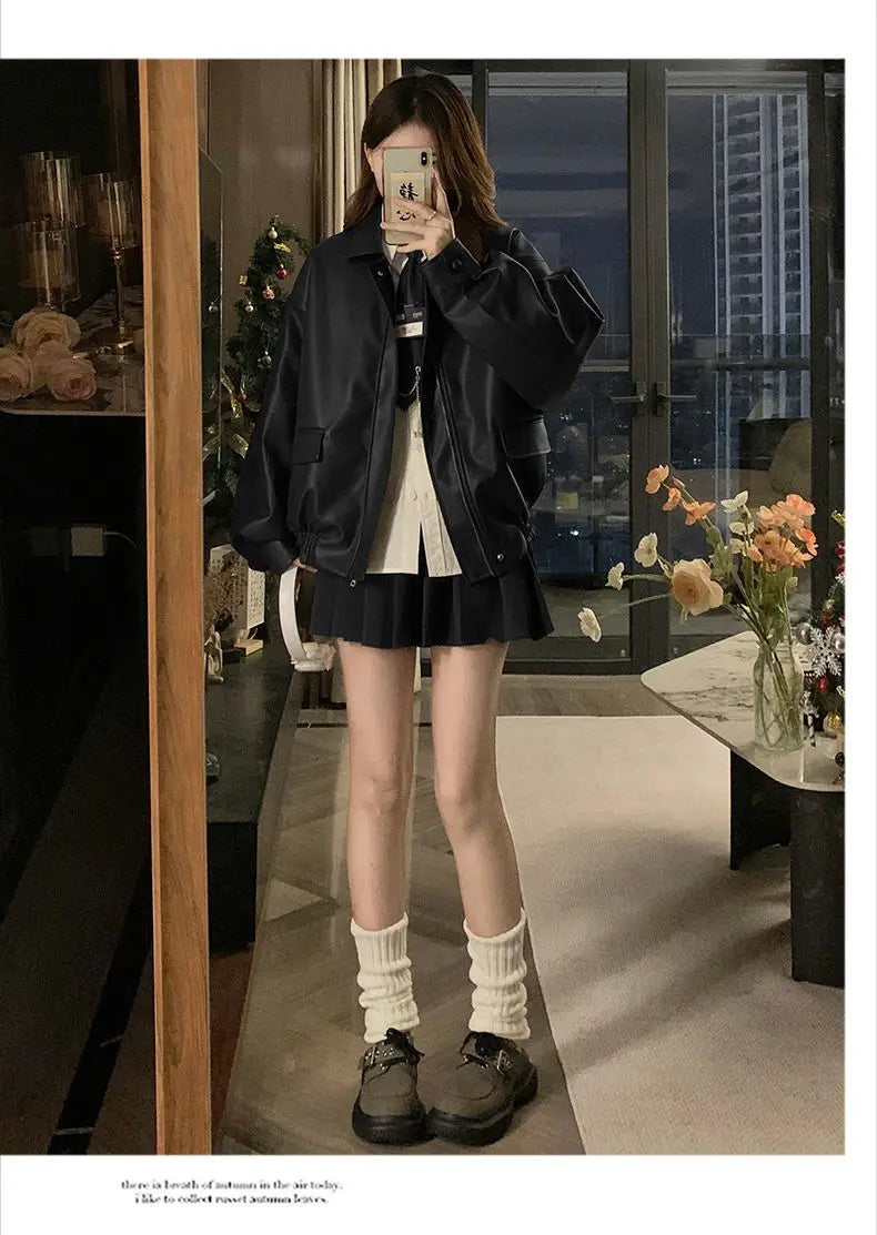 Short American Retro PU Leather Baseball Jacket for Women
