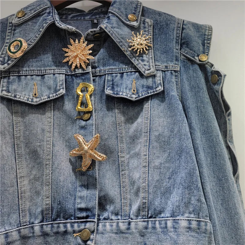 Hollow Out Short Denim Jacket With Metal Buckle Buttons For Women