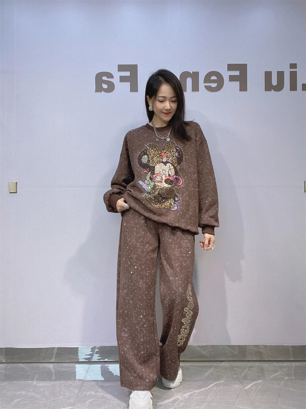 Autumn Winter Rhinestone Long Sleeve Round Neck Pullover Sweatshirt and Long Pants Set Fashion Woman Clothes Outfits 2025 New