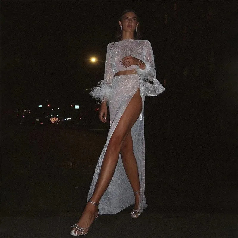 Glitter Rhinestone Long Fishnet Split Skirt for Women
