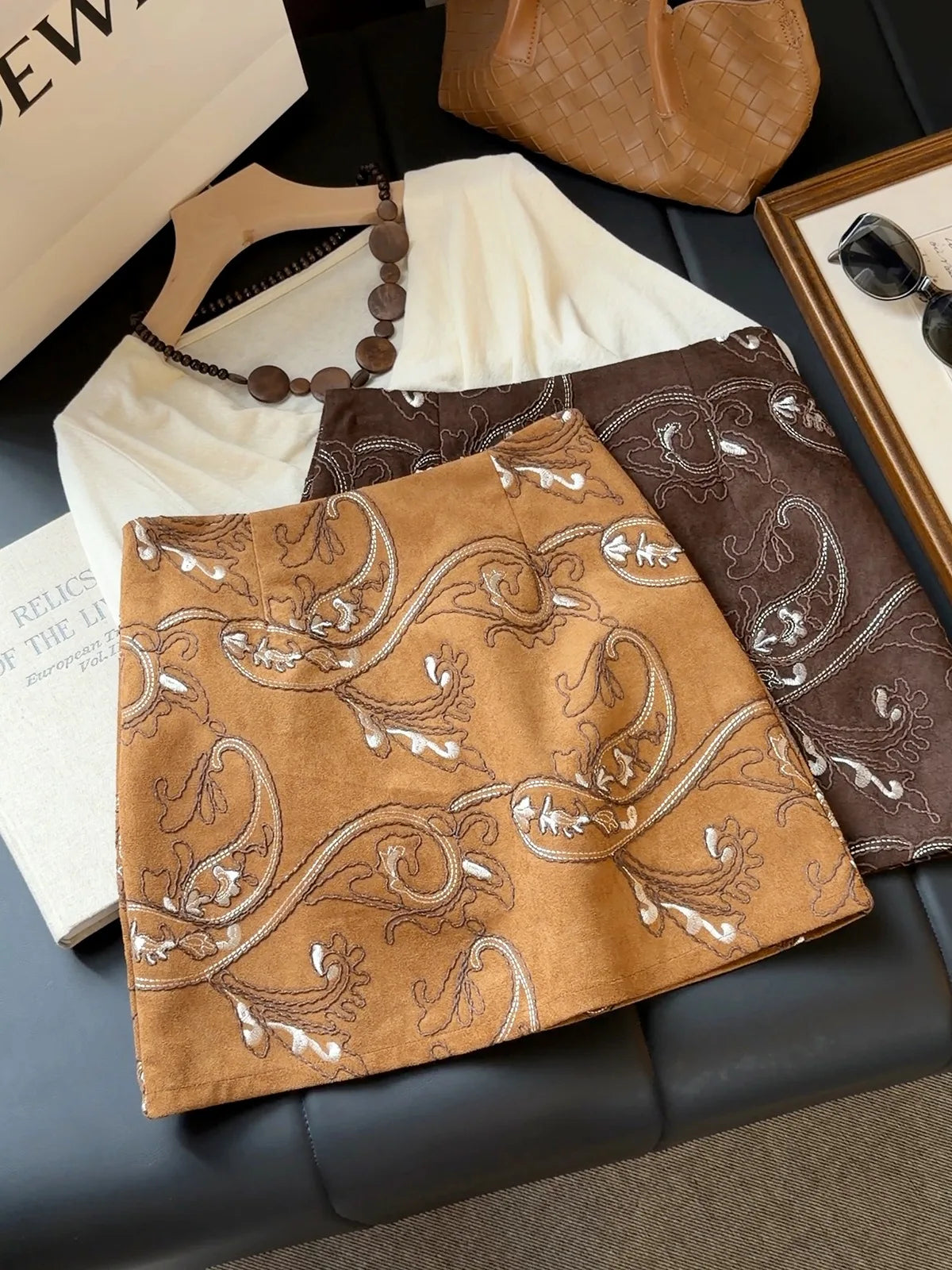 Embroidered Suede A-Line Mini Skirt