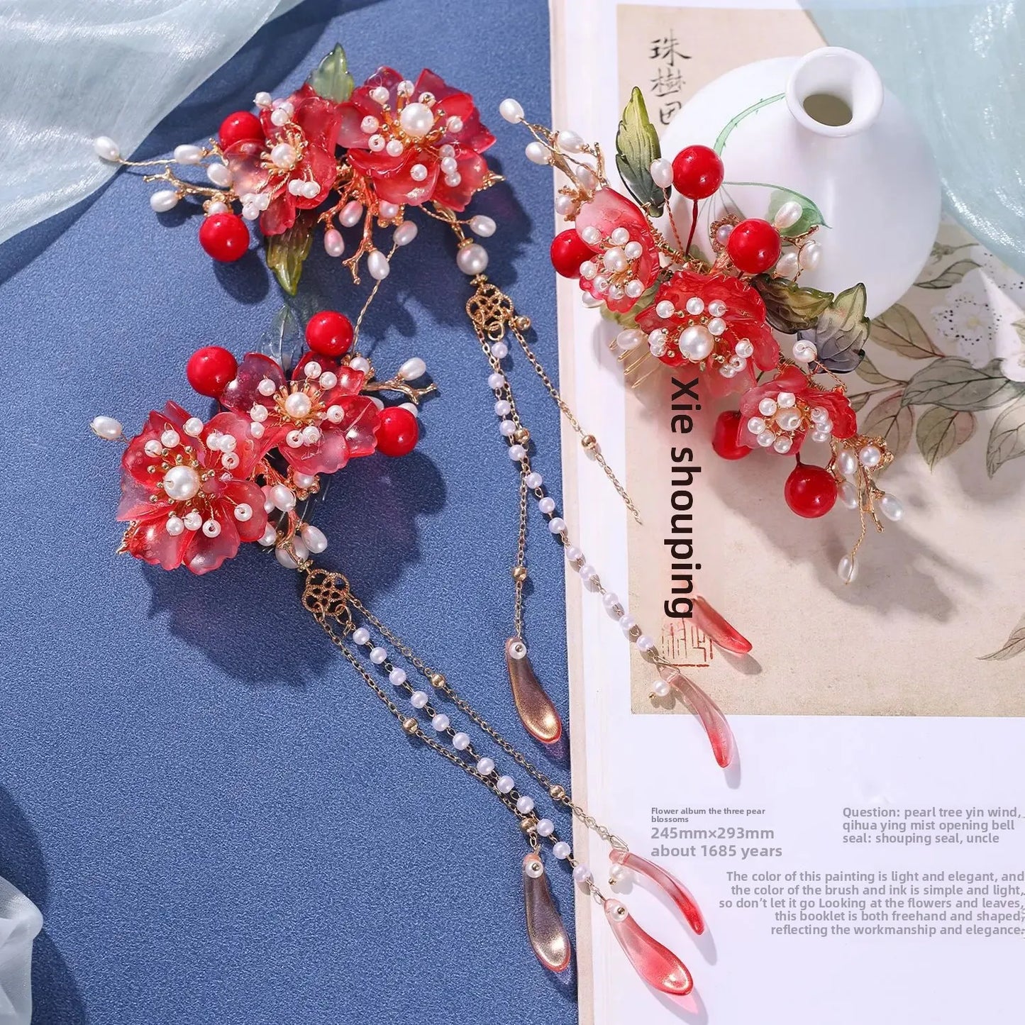 Red Flower Tassels Hair Comb Set