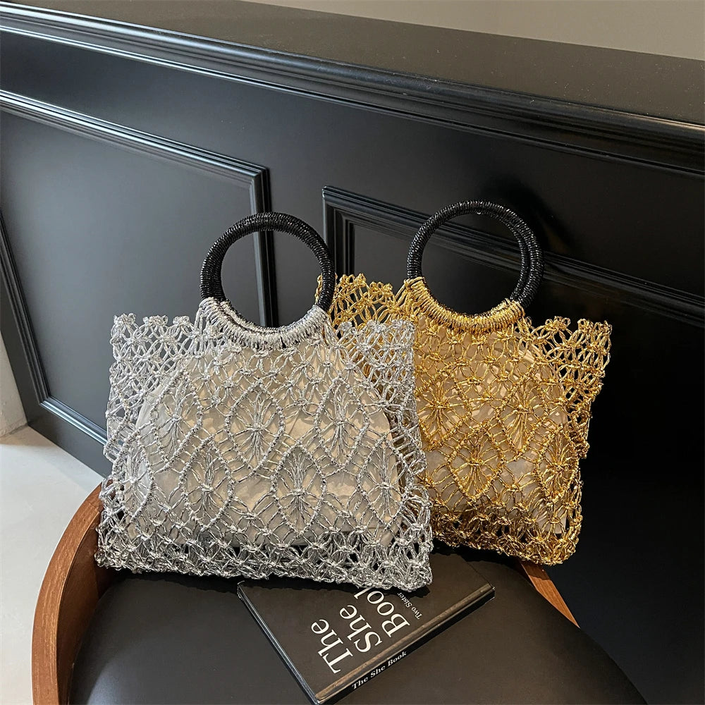 Eco Friendly Woven Round Handle Hollow Out Craft Paper Handbag for Women