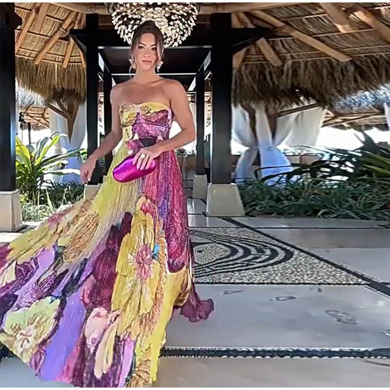 Elegant Floral Print Pleated Floor Length Dress For Women