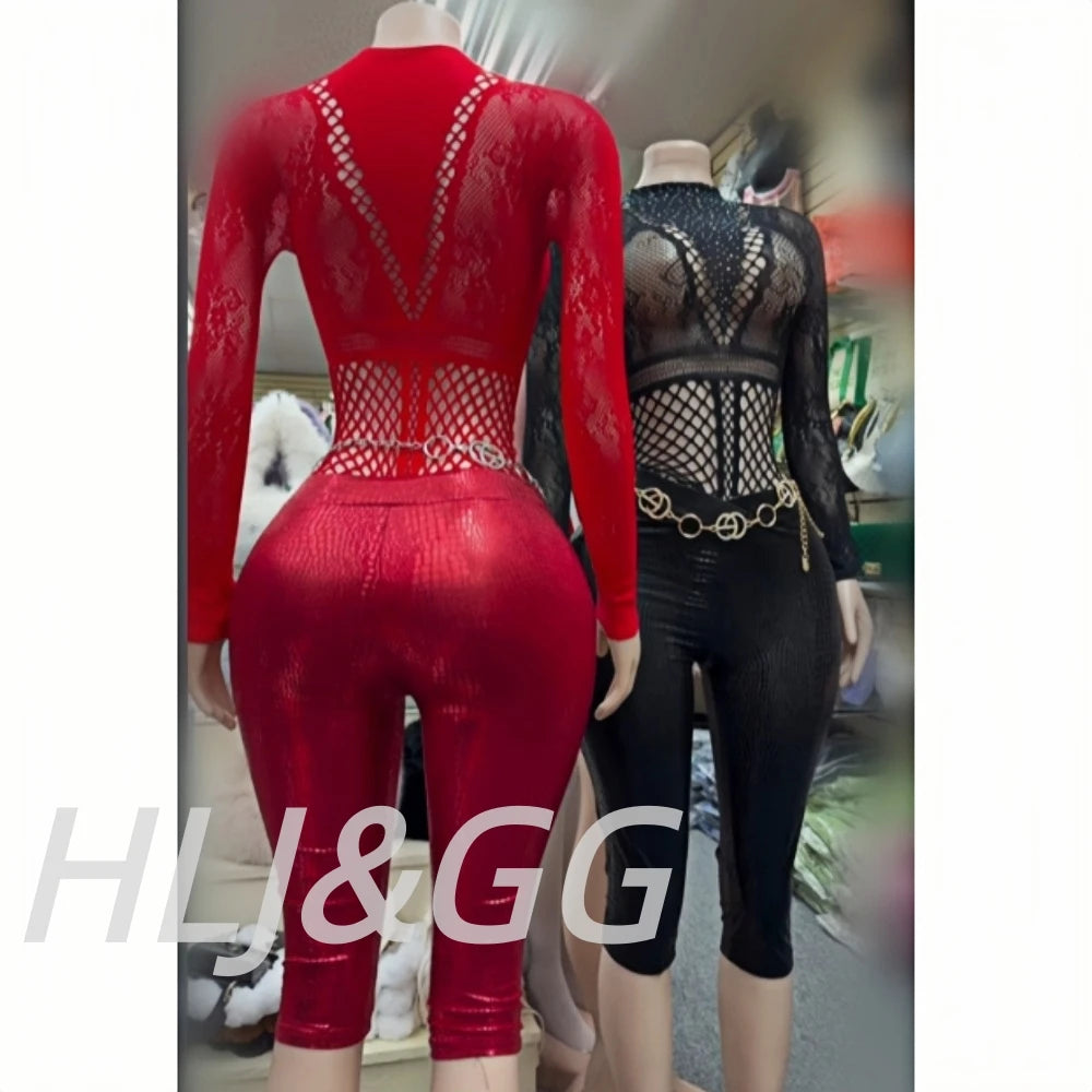 Sexy Rhinestone Mesh Two-Piece Bodysuit Set for Women