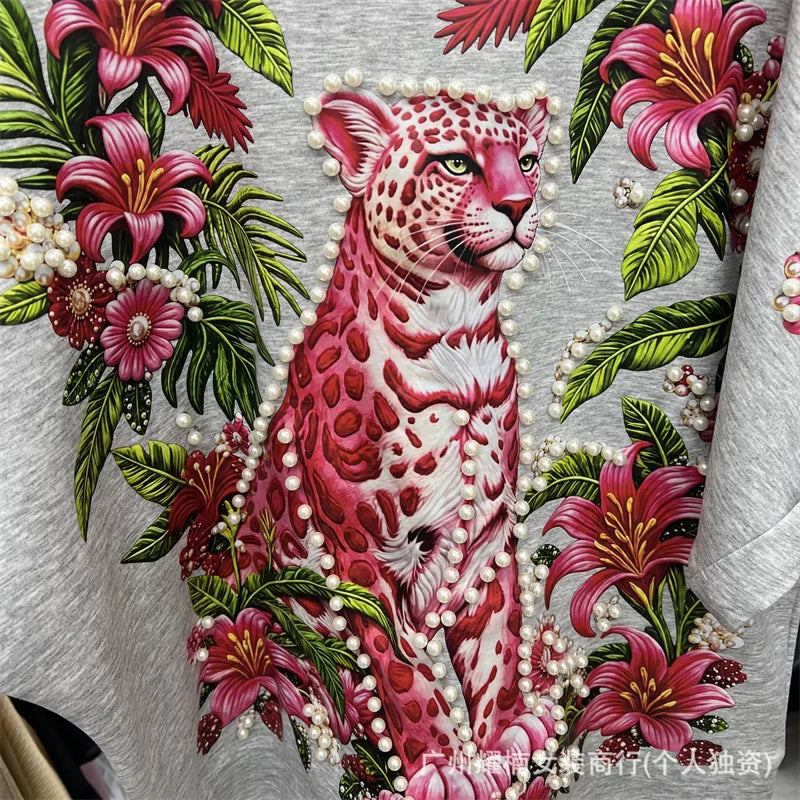 Relaxed Fit Beaded Animal Print Crew Neck Tee For Women