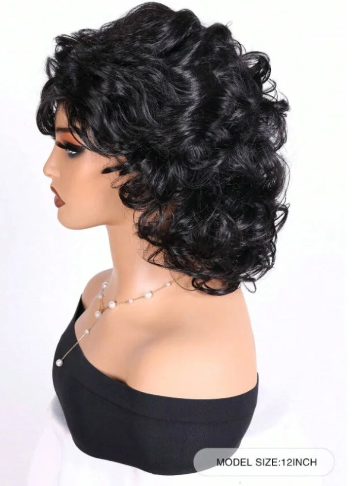 Natural Fluffy Curly Synthetic Wig With Side Edges 12 Inches For Women