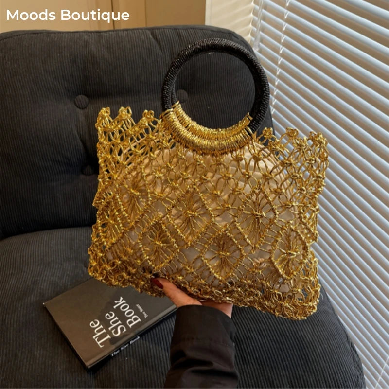 Eco Friendly Woven Round Handle Hollow Out Craft Paper Handbag for Women
