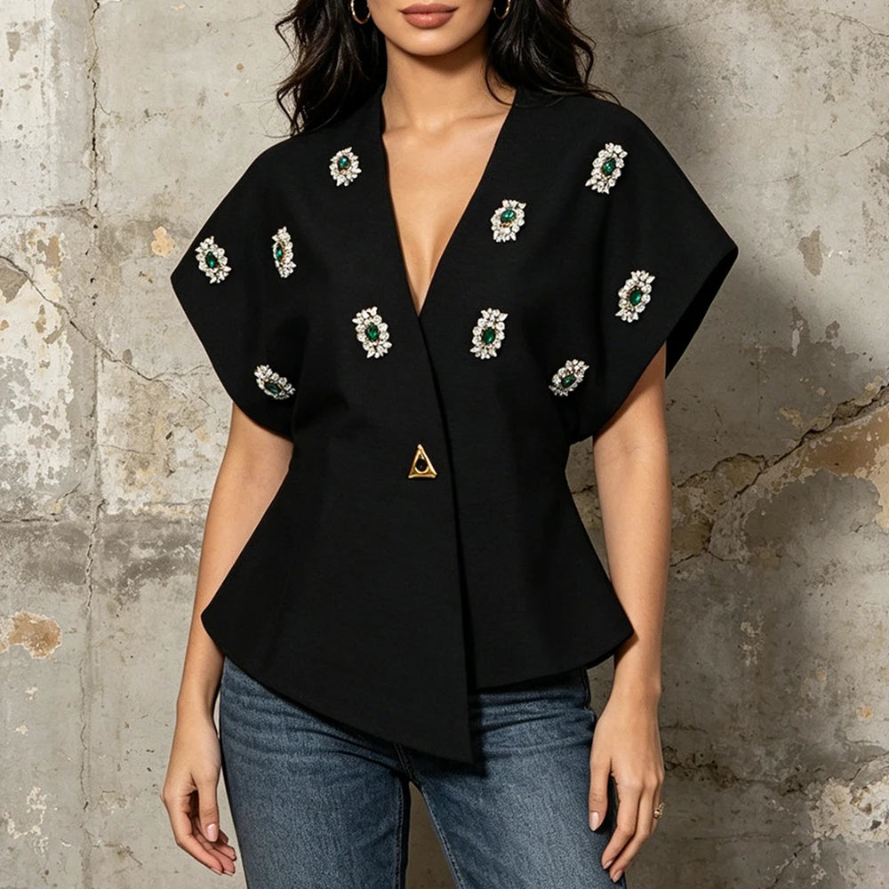 Black Diamond Encrusted Single Breasted Cropped Jacket For Women