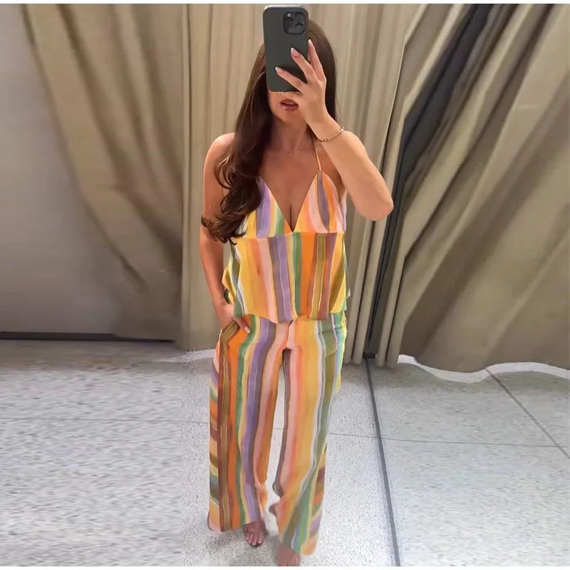 Cotton Striped High Waist Two Piece Summer Set For Women