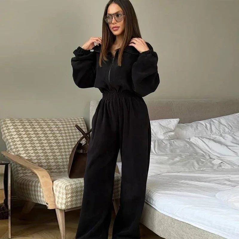 Casual Brown Stand Collar Long Sleeve Jumpsuit for Women
