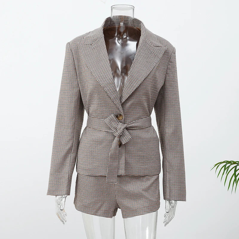 Vintage Plaid Lapel Blazer and Shorts Set for Women