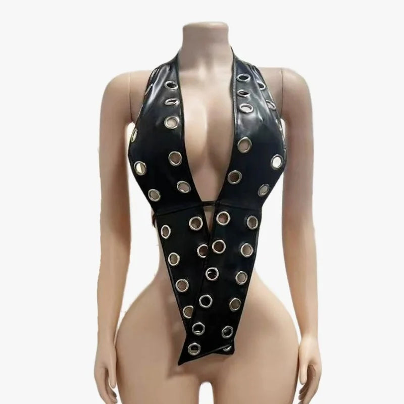 Punk Rock Faux Leather Halter Top With Deep V Neck Backless for Women