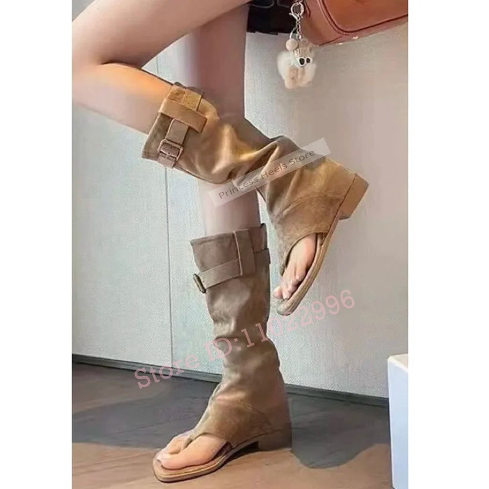 Flat Slip On Suede Straps Open Toe Mid Calf Boots for Women