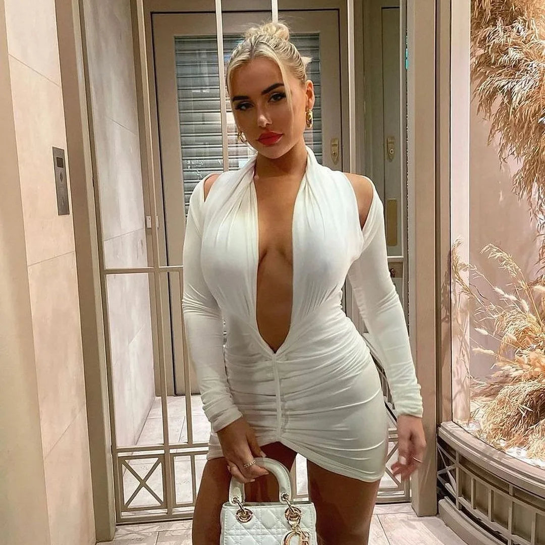 Cryptographic Deep V Neck Long Sleeve Mesh See Through Sexy Backless Mini Dress Women Club Party Elegant Ruched Dresses Clothes