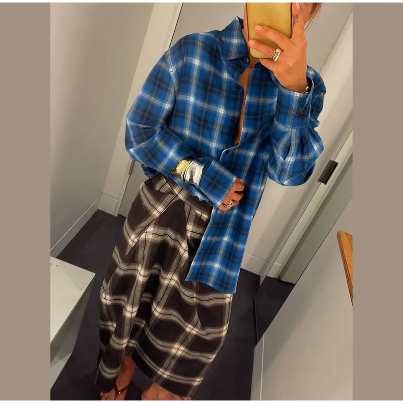 Women Checked Midi Skirt Fashion Casual Pleated Irregular High Waist Slim Mid-length Bottom Lady Daily New Commute Street Skirts