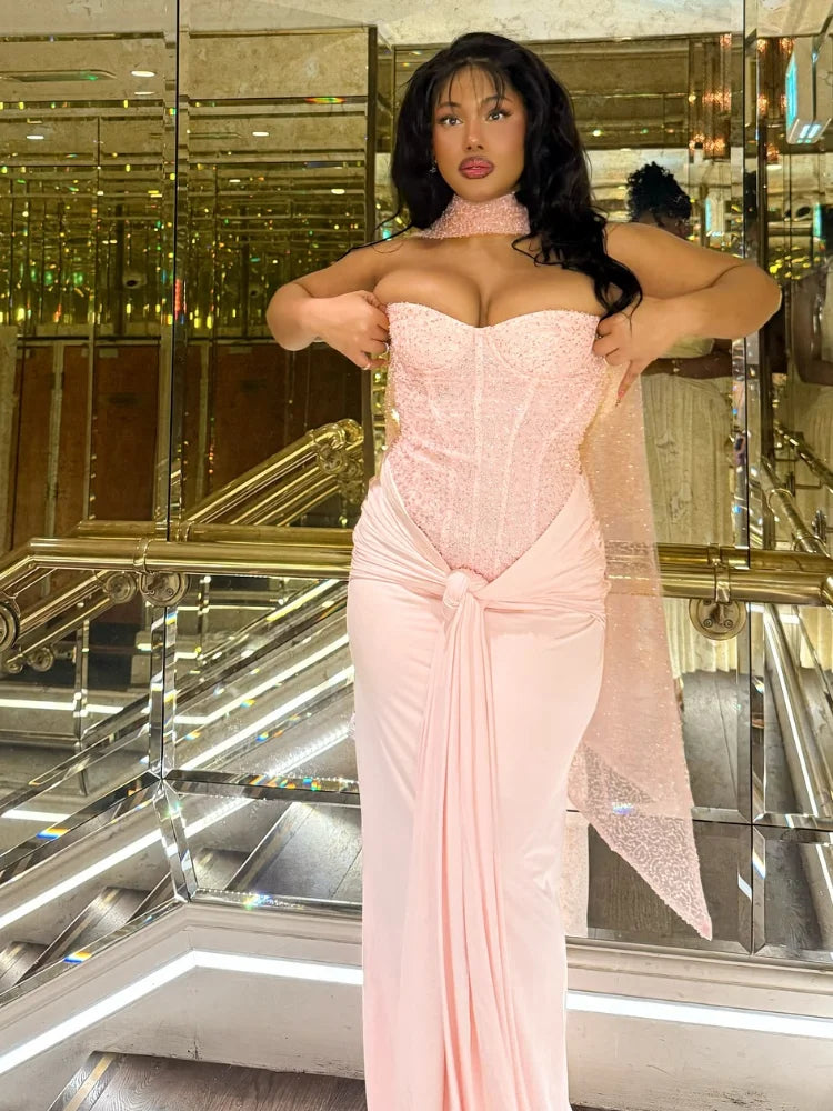 Solid Sexy Strapless Sequin Patchwork Dress Women Sleeveless Backless Cinched-waist Pleated Maxi Dresses Lady Party Evening Gown