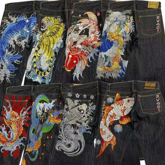 Japanese hip-hop Brocade carp printed jeans same style couple washed high waist retro casual loose ins straight wide leg pants