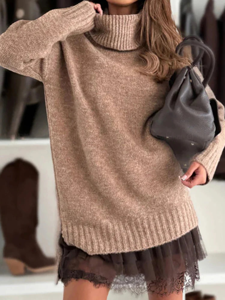 Patchwork Turtleneck Long Sleeve Sweater Mini Dress for Women