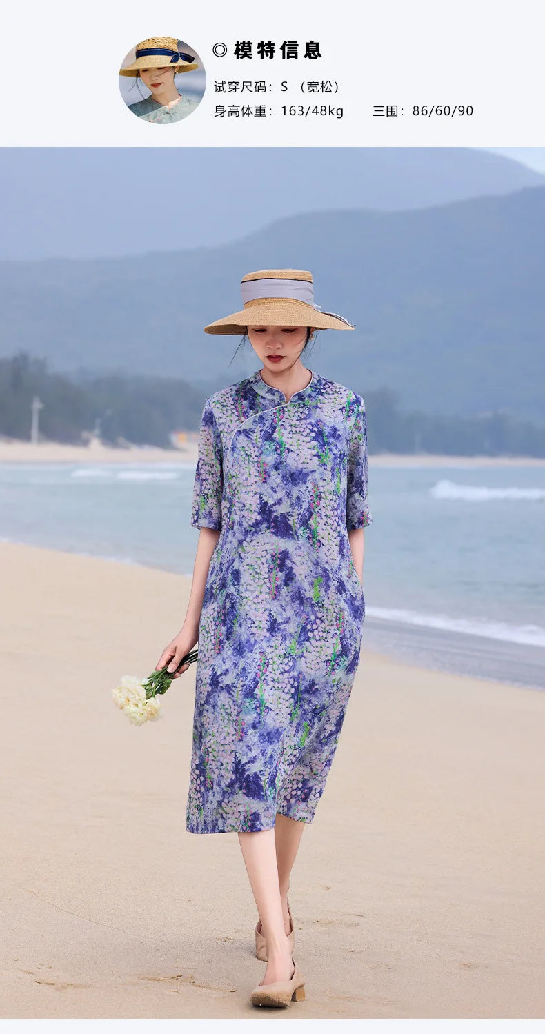 Casual Mandarin Collar Vintage Print Ramie Dress for Women
