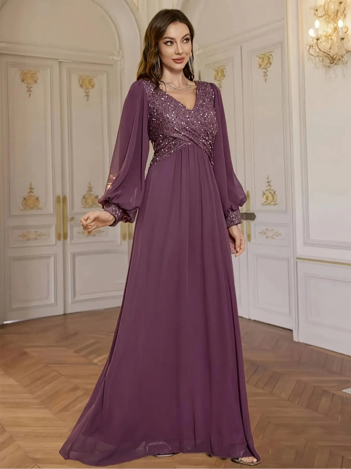 V-Neck Sequined Chiffon Evening Gown