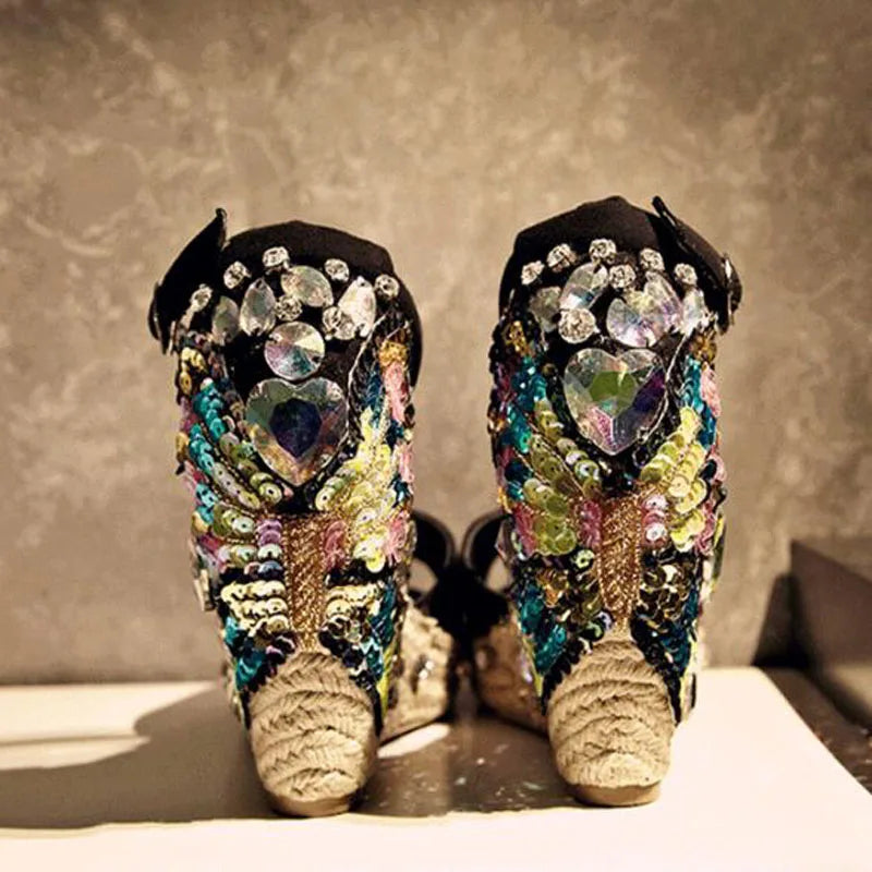 Butterfly Rhinestone Embellished Rope Braided Wedge Sandals Peep Toe for Women
