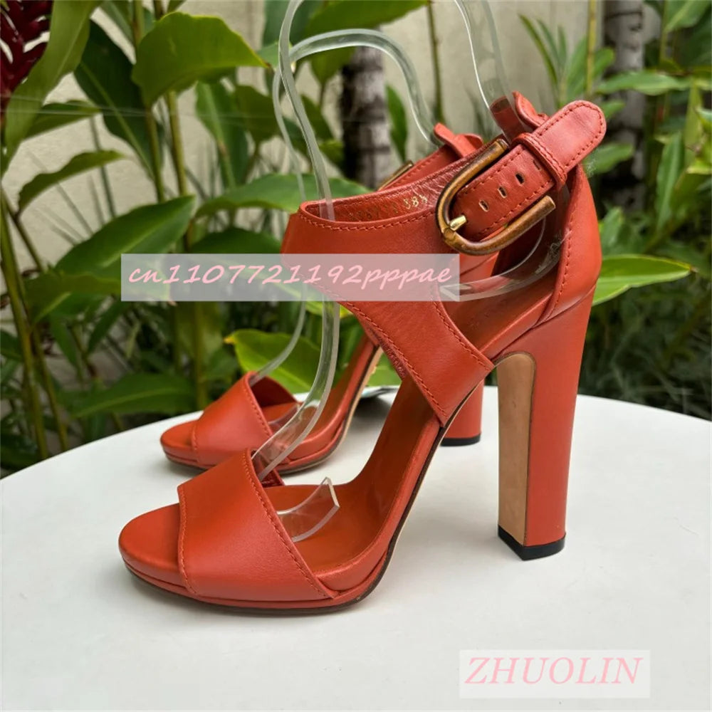 Orange Leather Block Heel Open Toe Buckle Strap Heels for Women