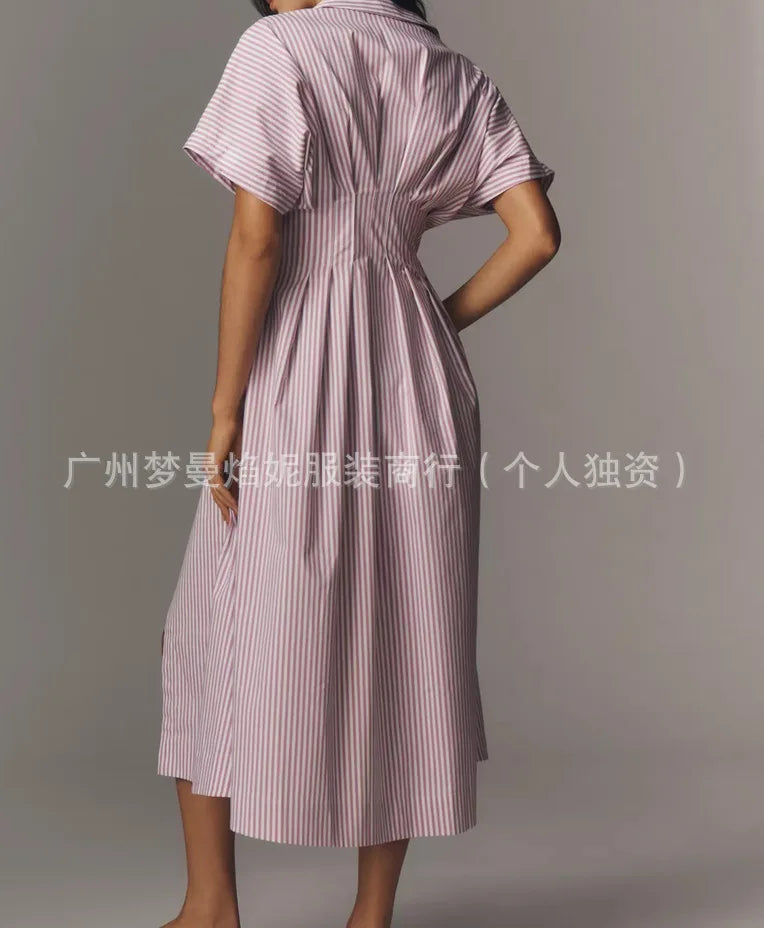 Elegant Striped Print Waist-Hugging A-Line Midi Dress for Women