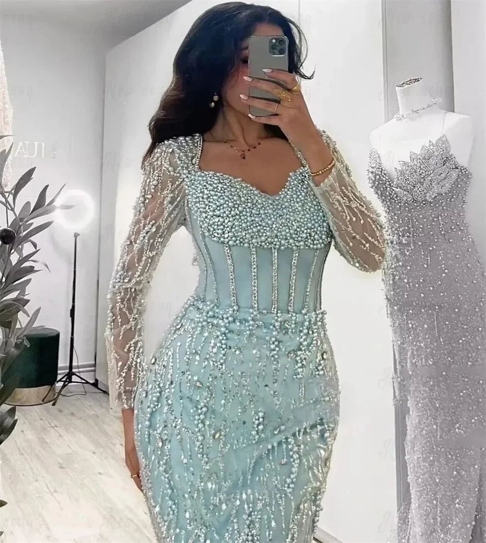 Contessa Dubai Custom Tulle long sleeves Prom Dress With Pearl Collar Vestido de gala Elegant Mermaid Formal evening event dress