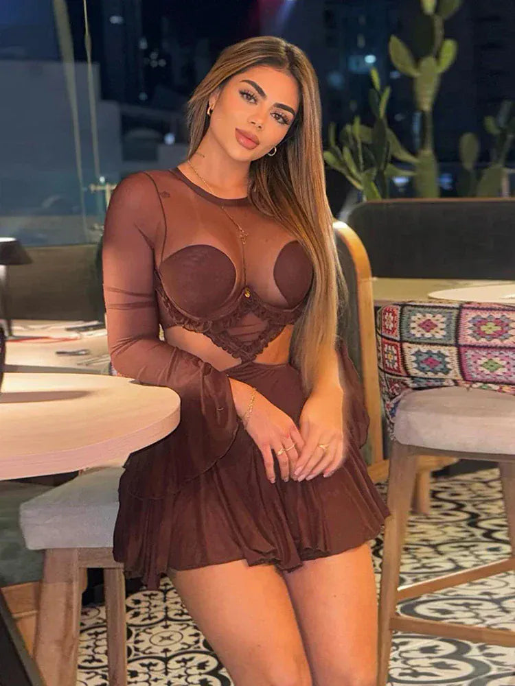 Weird Puss Waistless Pleated Hem Dress Women See Through Sexy Midnight Full Sleeve Coquette Clubwear Party Rave Mini Bodycon