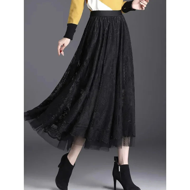 High Waist Lace Skirt With Hollow Out Studded Details For Women