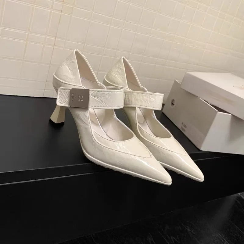 Soft Leather Pointed Toe Pumps With Metal Buckle for Women