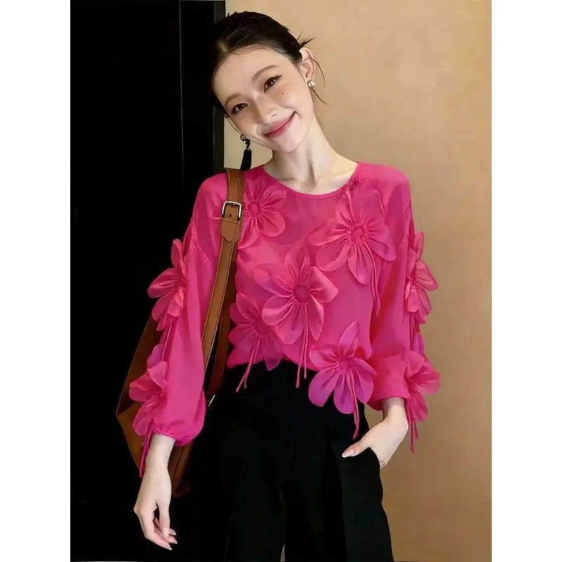Three Dimensional Flower Lightweight Long Sleeve Top for Women