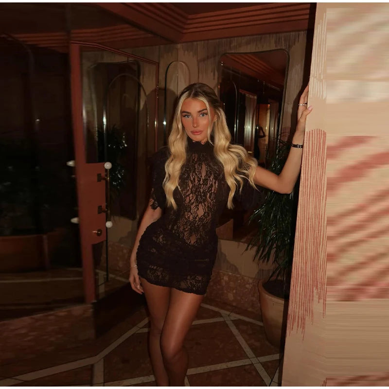 Sheer Lace Flared Sleeve Knee Length Party Dress for Women