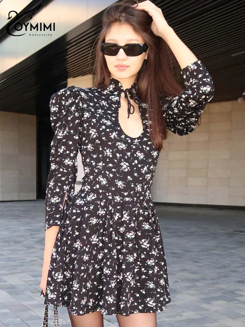 Oymimi Elegant Black White Womens Dresses Fashion Three Quarter Sleeve Hollow Out Dresses Casual High Waisted Mini Dress Female