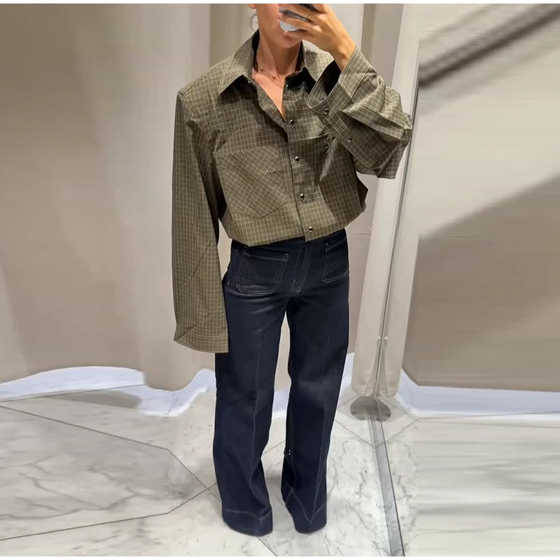 Long Sleeve Plaid Button-Up Shirt Jacket for Women