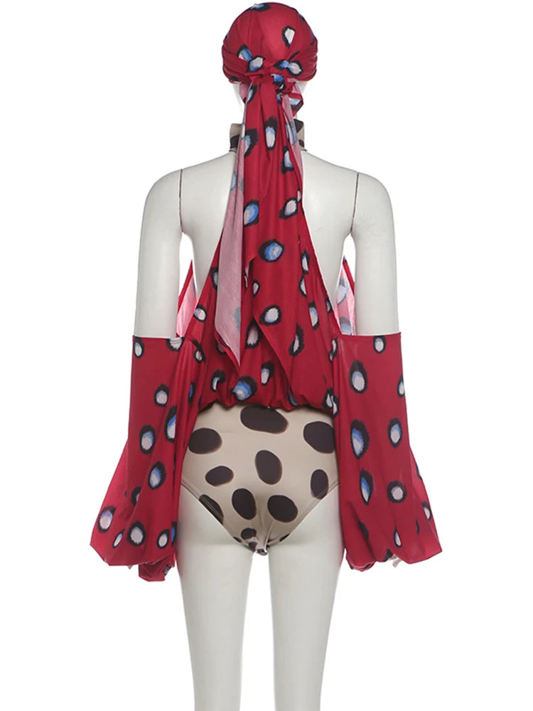 Polka Dot Halter Backless Playsuit With Headscarf for Women